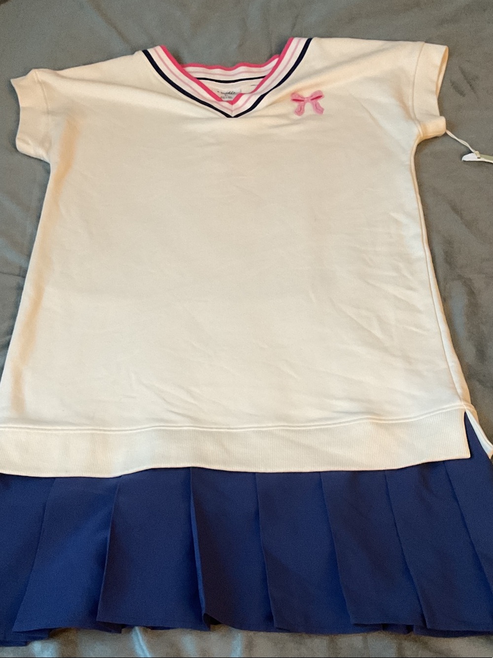 Girls White V-Neck Knit Top with Pink Trim
